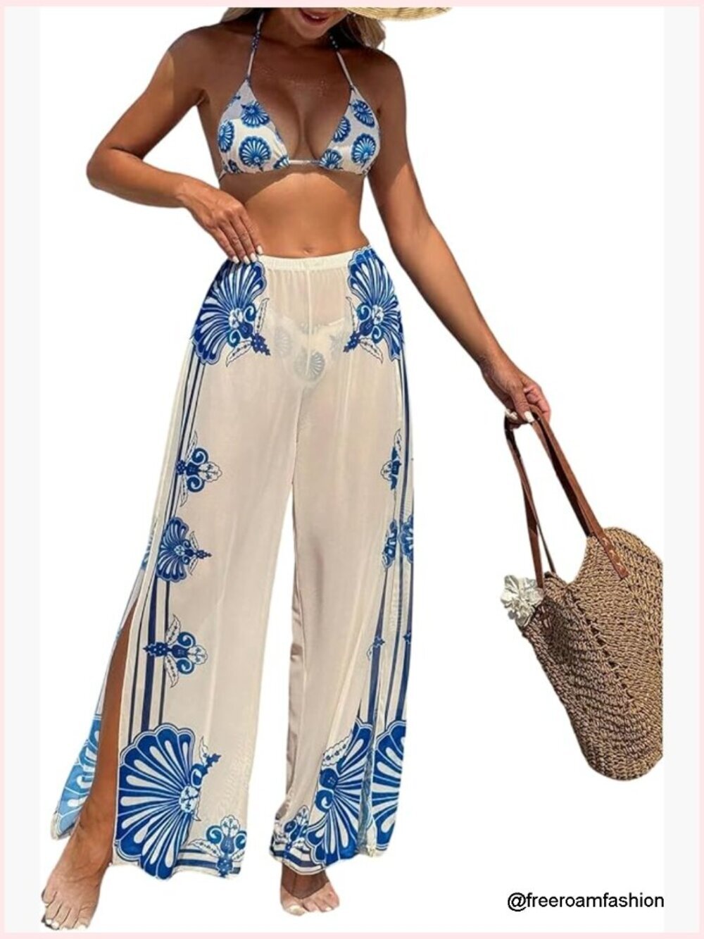 3 Piece Swimsuits with Pants Triangle Halter String Bikini Set and Cover Up